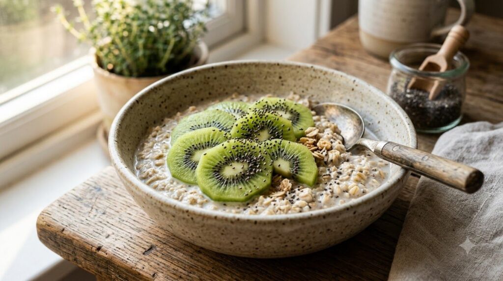 A close-up shot of a bowl of overnight oats with kiwi and chia seeds ready to be eaten for breakfast