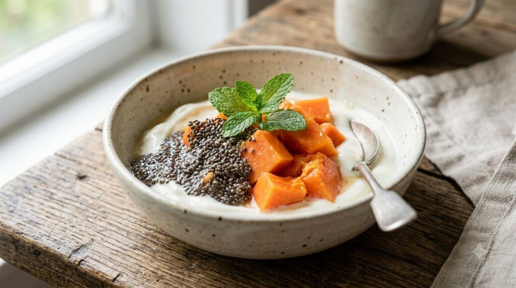 A close-up shot of a healthy breakfast bowl with plain yogurt cubed papaya and a spoonful of soaked chia seeds garnished