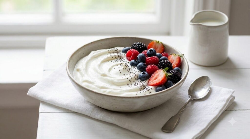 A satisfying bowl of Greek yogurt with chia seeds and fresh berries indicating fullness and satiety