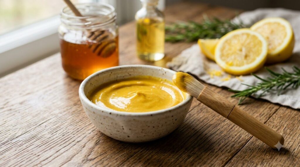 Close-up shot of the mixed DIY anti-aging mask in a small ceramic bowl with a small brush beside it The texture is smoot