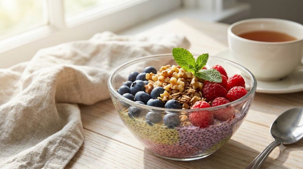 A vibrant bowl of chia seed pudding topped with fresh berries and walnuts symbolizing enhanced focus