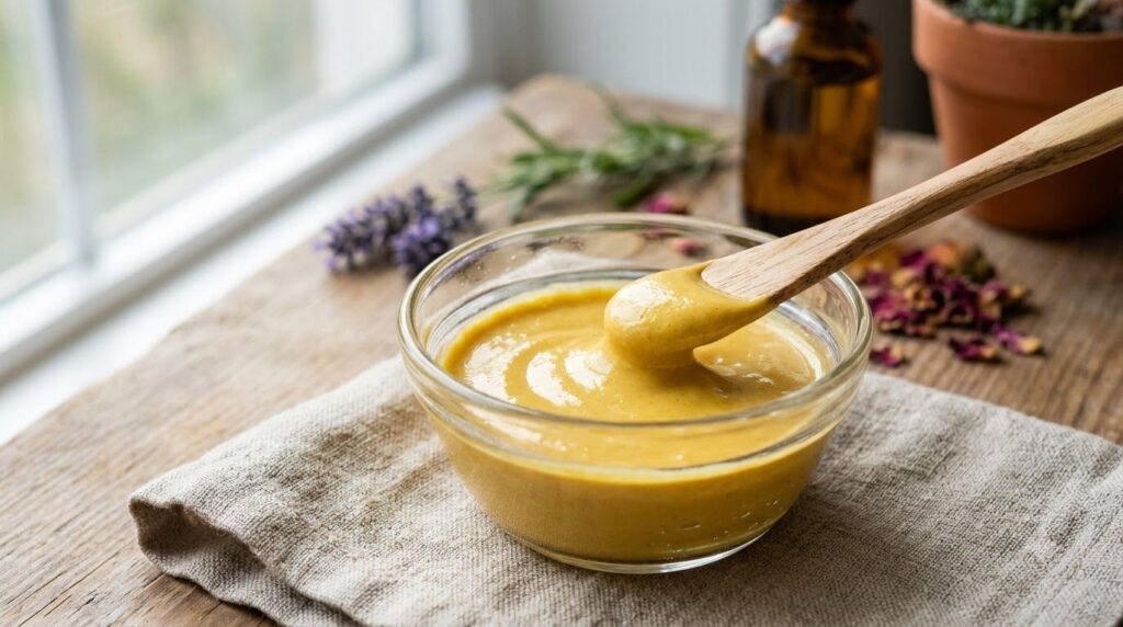 A close-up of a DIY anti-aging mask made from turmeric honey lemon and baby oil freshly mixed in a small glass bowl with