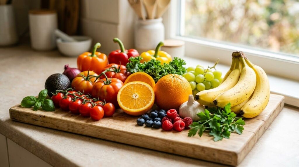 A variety of colorful fresh fruits and vegetables some sliced on a clean cutting board representing healthy food choices