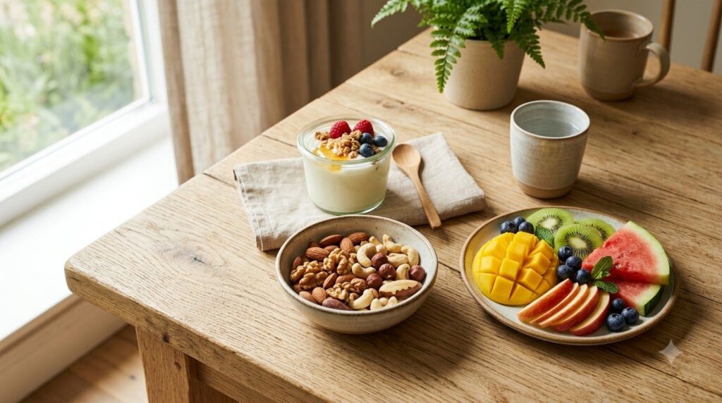 A vibrant mix of healthy snacks like nuts fruit slices and yogurt in small bowls illustrating smart afternoon snacking
