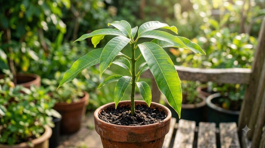 A young mango plant seedling with green leaves emerging from the soil in a pot
