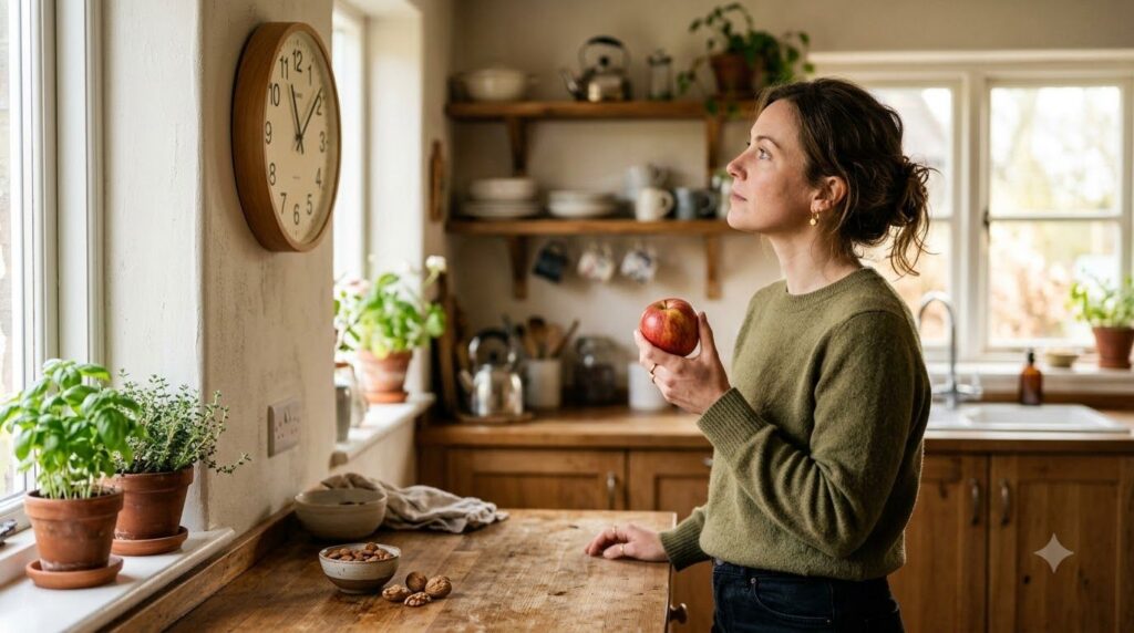A person looking at a clock while holding a healthy snack emphasizing the concept of eating at the right time