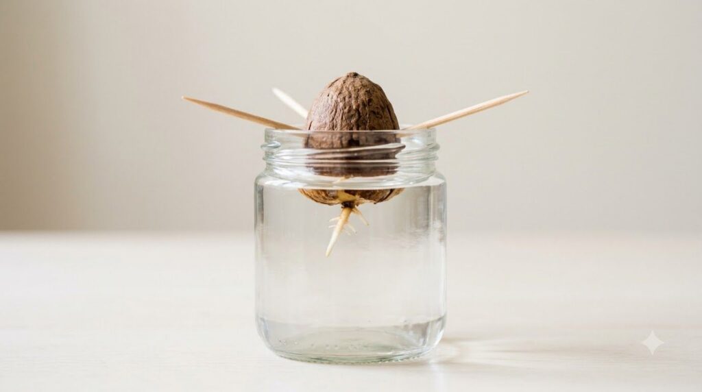 A detailed step-by-step image showing how to sprout an avocado seed using toothpicks over a glass of water