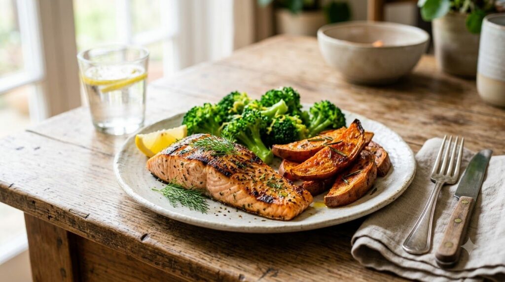 A balanced colorful meal with lean protein vegetables and healthy grains representing nourishing food for mood
