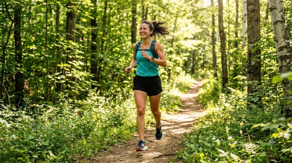 A person happily jogging outdoors in the sunshine experiencing a runner s high from endorphins