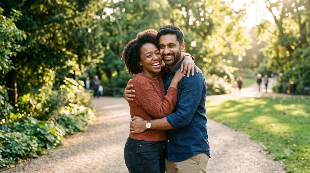 A couple smiling and embracing warmly symbolizing oxytocin release and social bonding