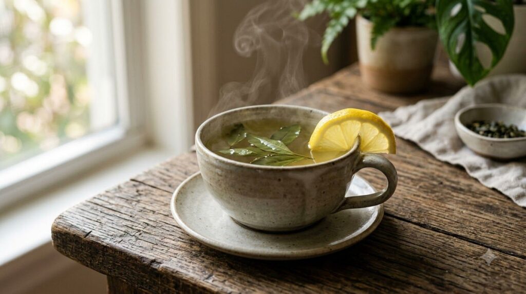 A steaming cup of green tea with fresh tea leaves and a lemon wedge on a rustic wooden table exuding calm and health