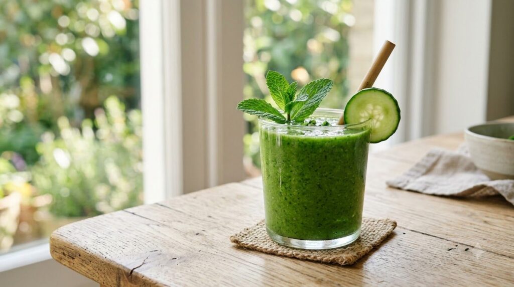 A vibrant green smoothie in a glass with fresh fruit and mint garnish on a wooden table suggesting health and vitality