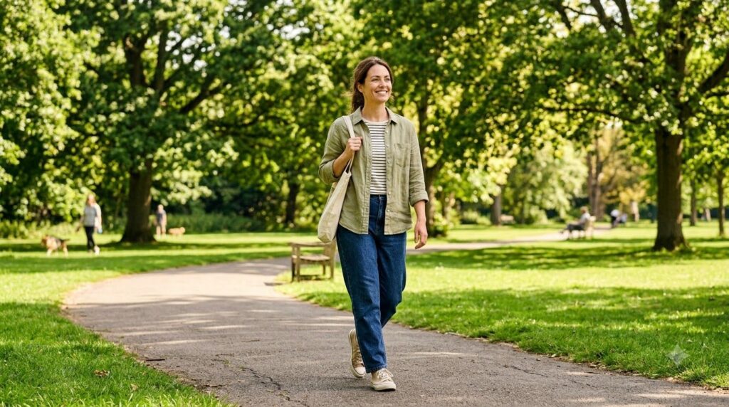 A person walking outdoors in a park enjoying light exercise with a relaxed posture suggesting digestive relief