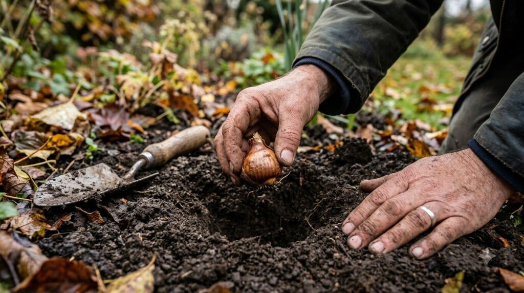 A gardener s hands gently placing a daffodil bulb into prepared soil in autumn