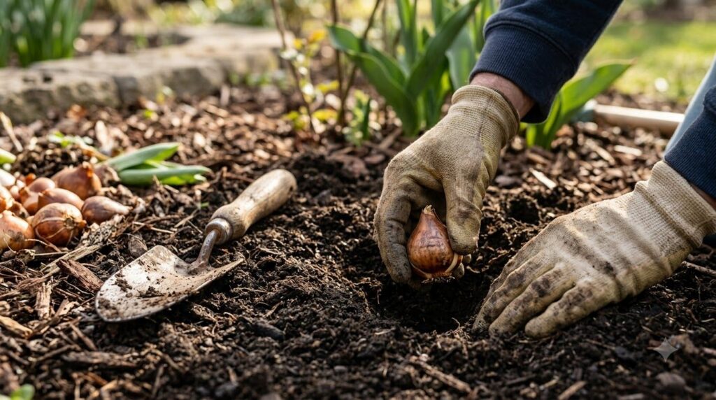 A gardener demonstrating the correct depth for planting tulip bulbs using a trowel and ruler with prepared soil