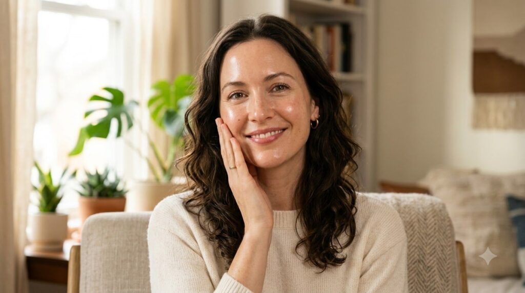 A woman gently touching her cheek smiling with glowing clear skin Her skin appears soft and well-hydrated showcasing the