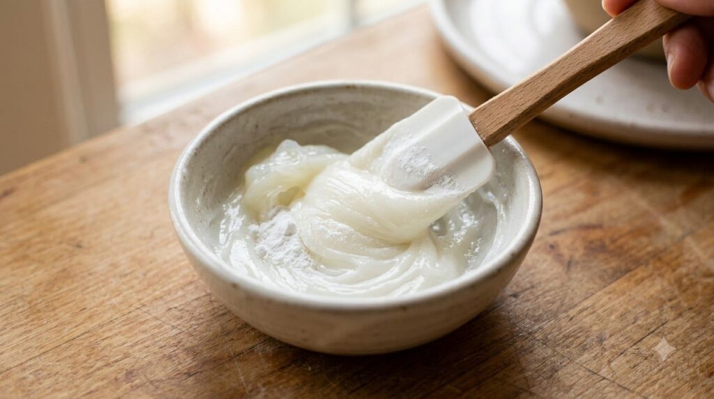 Close-up shot of a small bowl where Vaseline and baking soda are being mixed with a small spatula The textures of the tw