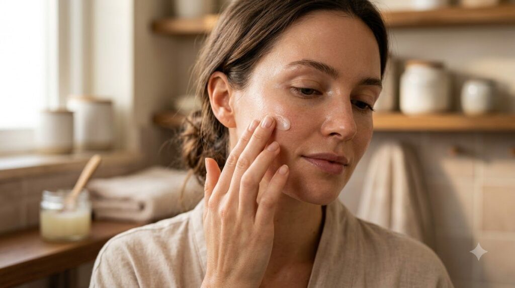 A woman s hand gently applying a small amount of homemade Vaseline balm to her cheek showing a subtle glow The backgroun