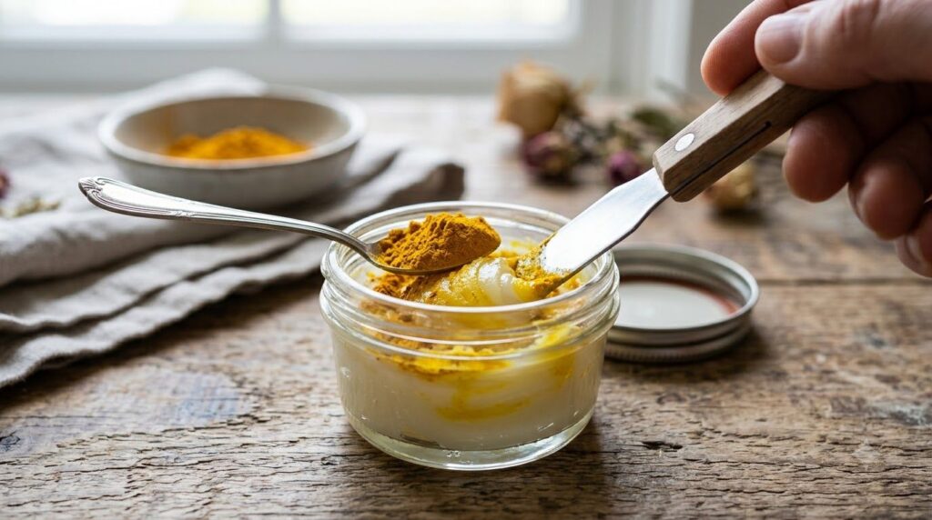 A close-up shot of a small glass jar containing Vaseline and a spoonful of yellow turmeric powder being stirred gently w