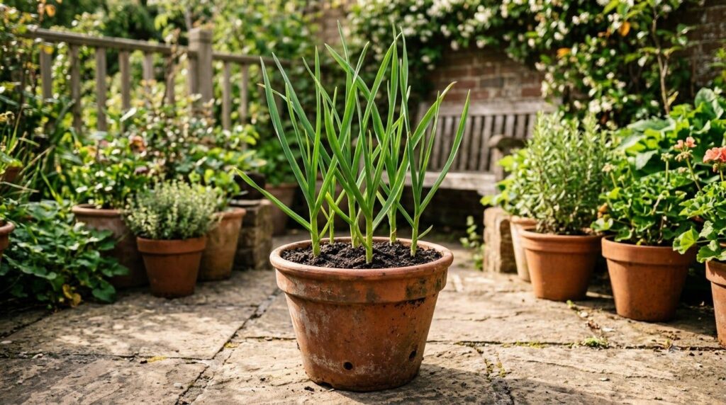 A vibrant healthy garlic plant growing with green shoots in a terracotta pot basking in bright sunlight on a patio or ba