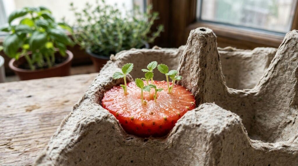 Tiny strawberry seedlings with small green leaves growing out of strawberry slices in an egg carton