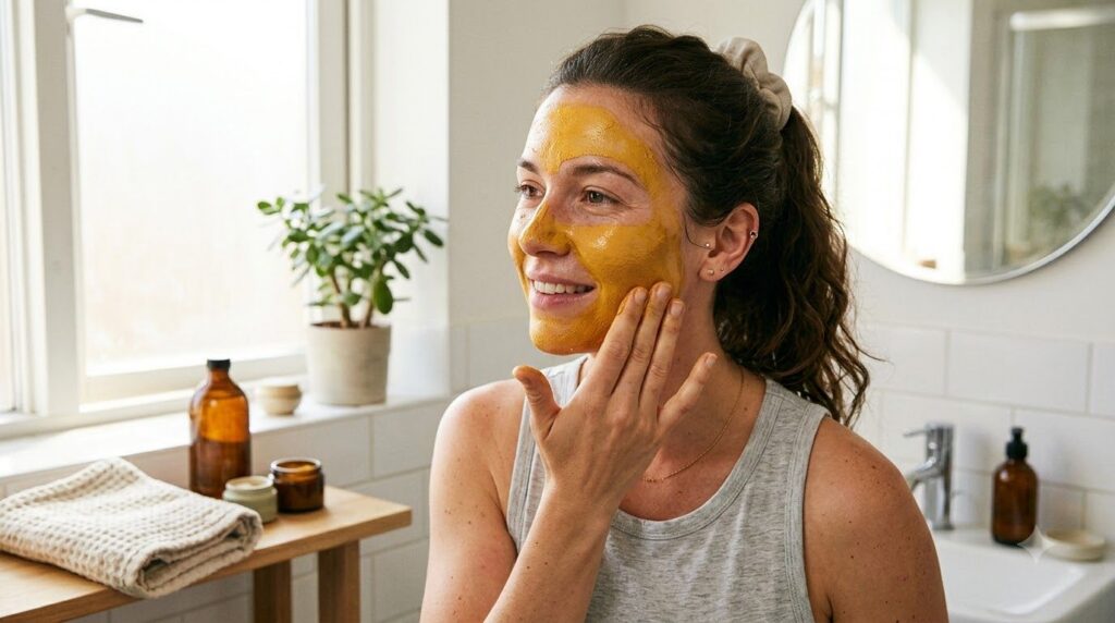 A woman applies a golden turmeric face mask to her clean smiling face showing glowing skin and a relaxed expression in a