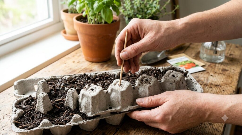 A hand using a small screwdriver to create drainage holes in the bottom of cardboard egg carton compartments filled with