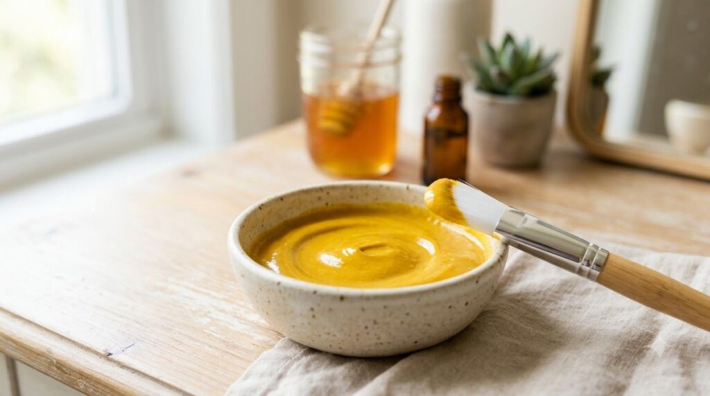 A close-up shot of the mixed turmeric honey and baby oil mask in a small elegant bowl ready for application with a clean