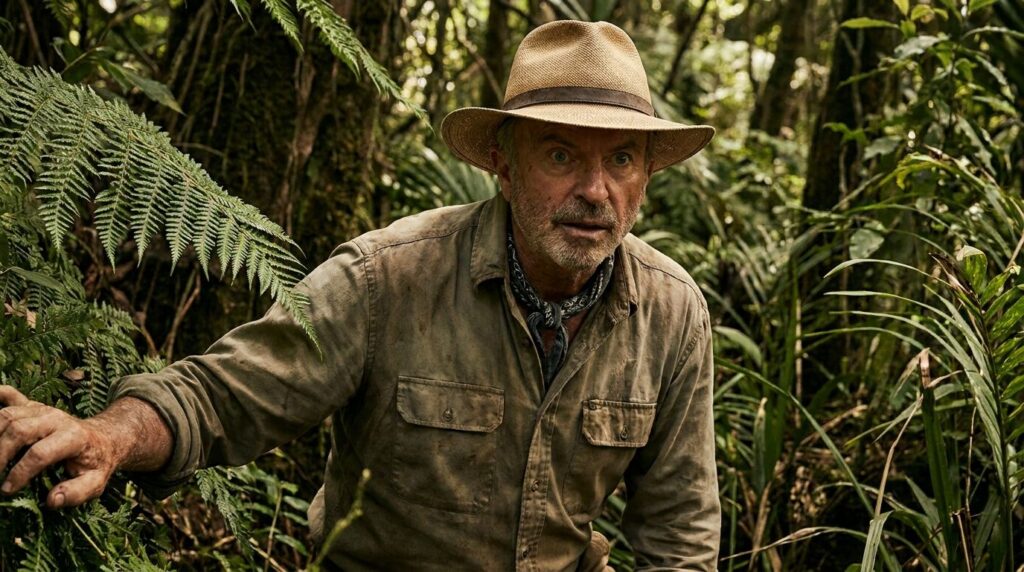 Sam Neill as Dr Alan Grant in Jurassic Park wearing a fedora and looking intently surrounded by lush jungle foliage