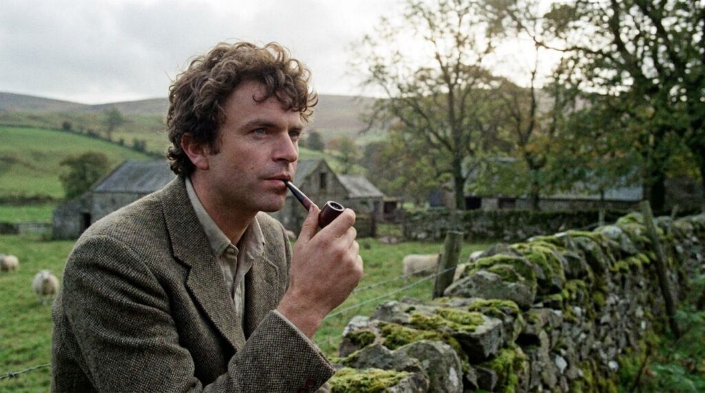 A younger Sam Neill in an early film role perhaps from My Brilliant Career or a similar 1970s production with a serious 