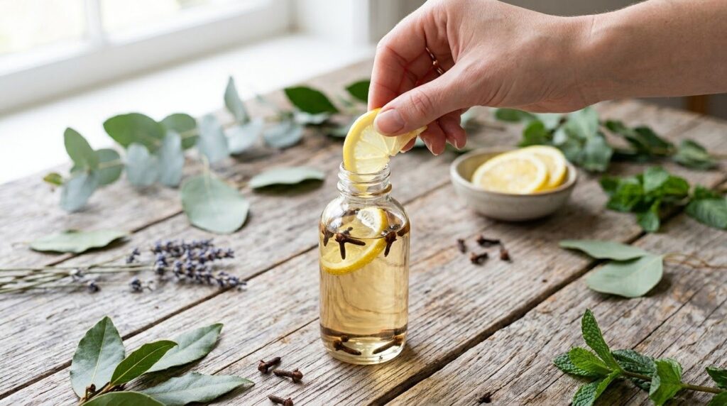 A hand dropping a fresh lemon slice into a bottle of baby oil that contains whole cloves on a natural wooden background 