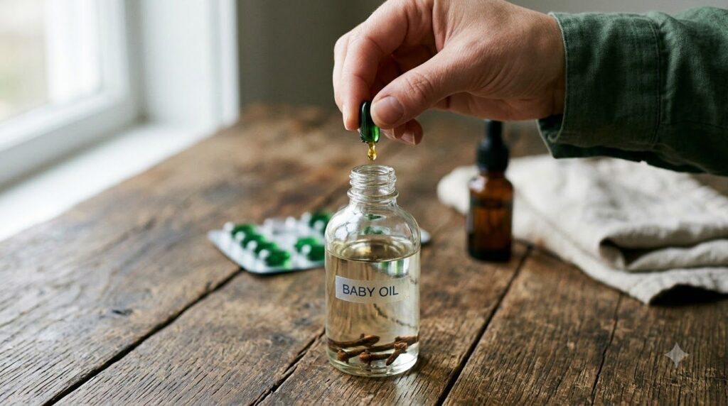 A hand squeezing a green vitamin E capsule into a bottle of baby oil with a few cloves already inside the bottle on a na