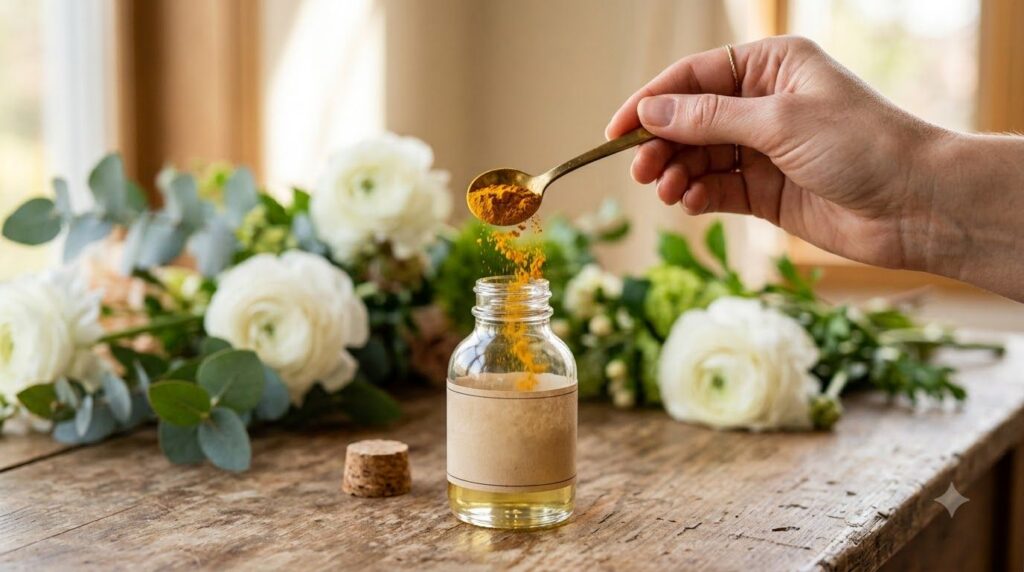 A hand sprinkling turmeric powder into a bottle of baby oil with white flowers and green leaves in the background