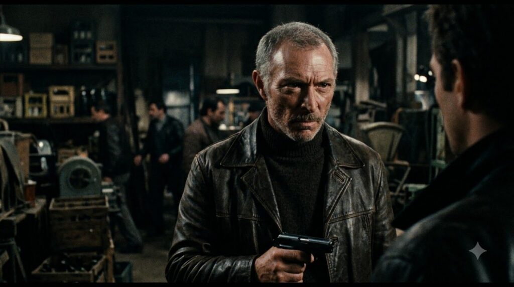 Lee Van Cleef in a later film role perhaps an action or adventure movie showcasing his continued presence in cinema