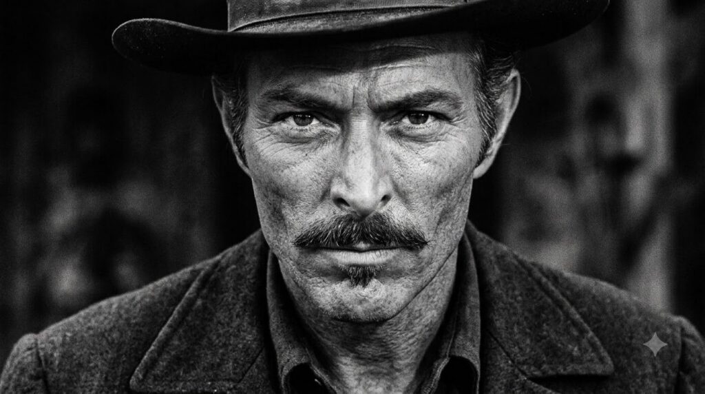 A black and white publicity photo of Lee Van Cleef from the 1960s showing a close-up of his distinctive face and eyes