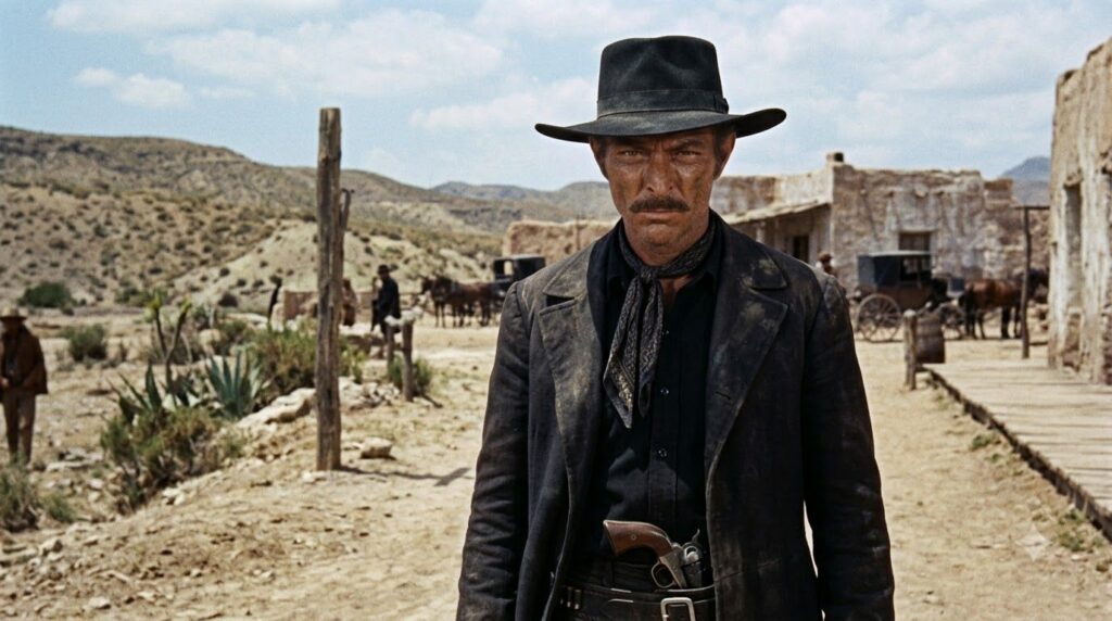 Lee Van Cleef as Angel Eyes in The Good the Bad and the Ugly wearing a dark hat and looking intensely