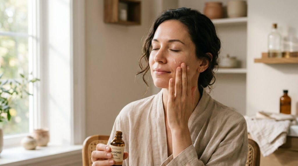 Close-up of a woman gently applying a few drops of almond oil to her clean face before moisturizing