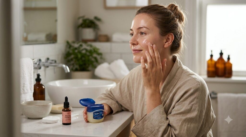 A woman gently dabbing a small amount of Vaseline onto her face after applying oil showing the sealing step of the routi