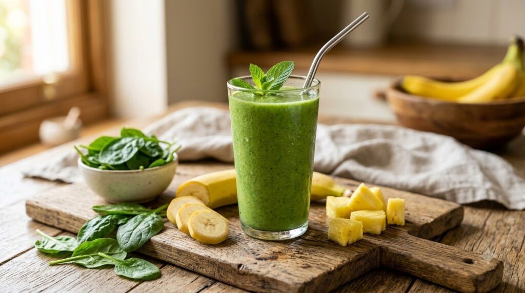 A vibrant green smoothie in a glass next to fresh spinach banana and pineapple on a wooden board