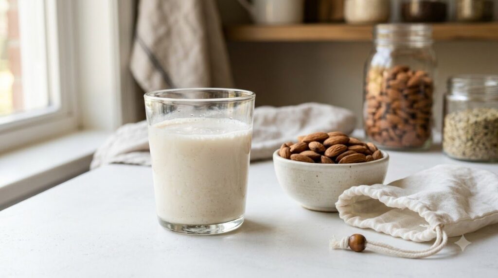 A glass of homemade almond milk next to a bowl of almonds and a nut milk bag