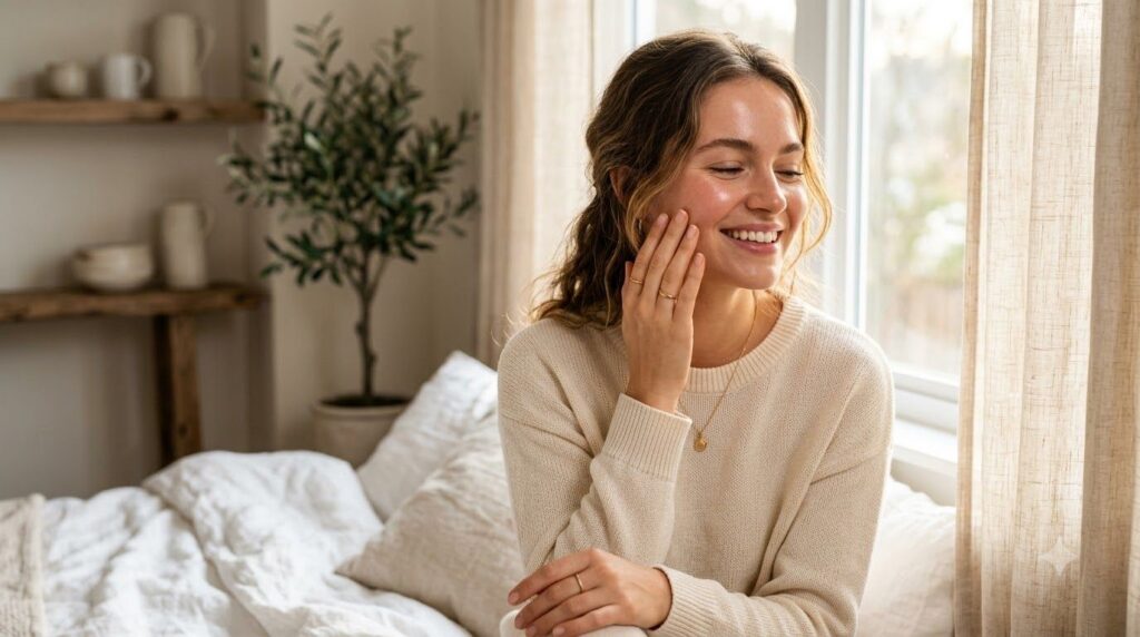 A woman with glowing clear skin gently touching her cheek smiling softly after using a natural face mask
