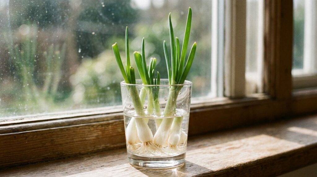 Green onion scraps with roots in a glass of water on a windowsill showing new green growth