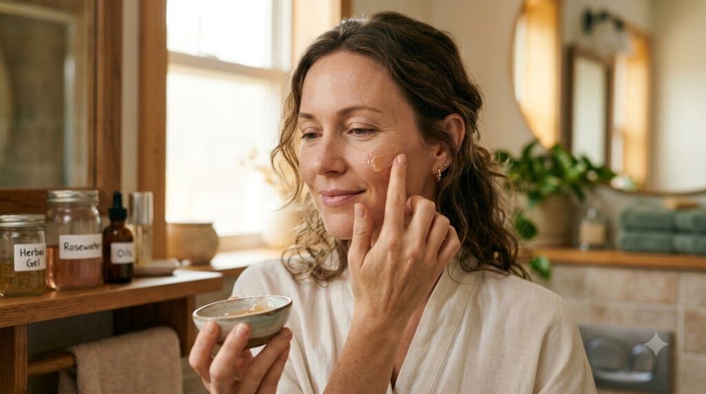 A woman gently applying a small amount of homemade anti-aging gel to her face at night with a soft warm glow on her skin