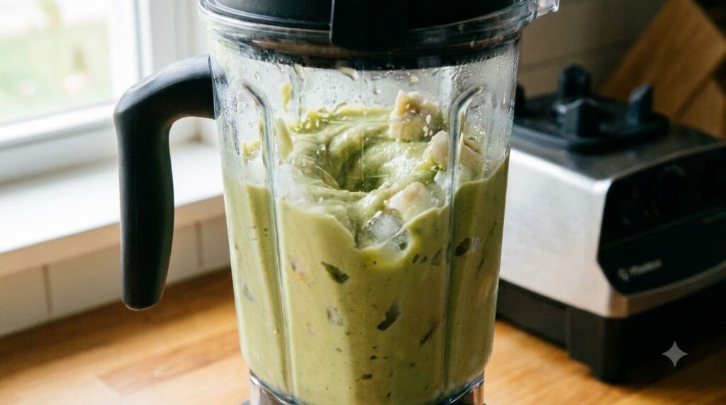 A blender making avocado banana nice cream showing the creamy texture swirling inside