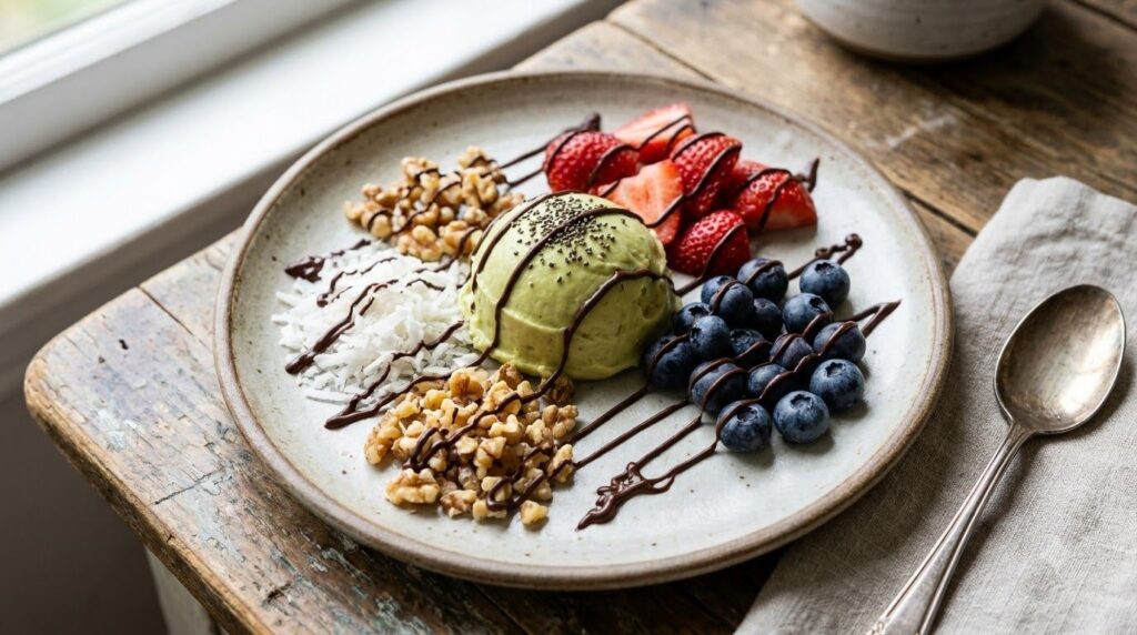 A scoop of avocado banana nice cream with various toppings like berries chocolate drizzle and nuts arranged artfully aro