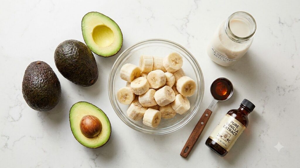 All ingredients for avocado banana nice cream laid out on a kitchen counter ripe avocados frozen banana chunks almond mi