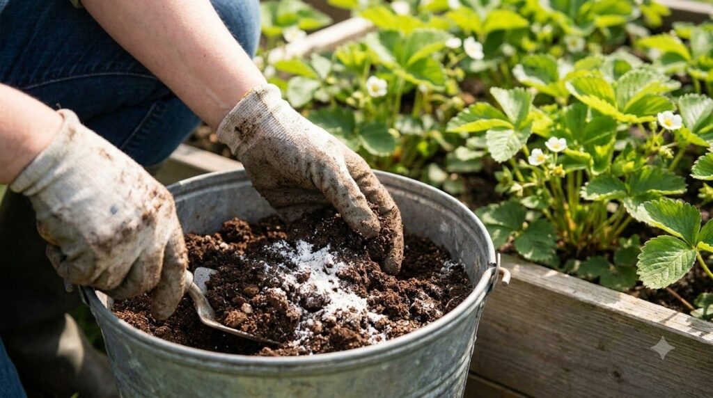A close-up of a gardener s hands mixing dry ingredients for homemade plant food in a small bucket with a backdrop of gre