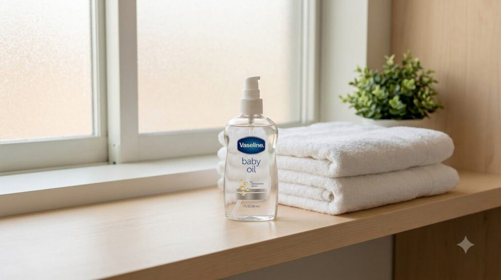 A bottle of Vaseline Baby Oil placed next to a soft white towel suggesting post-shower application