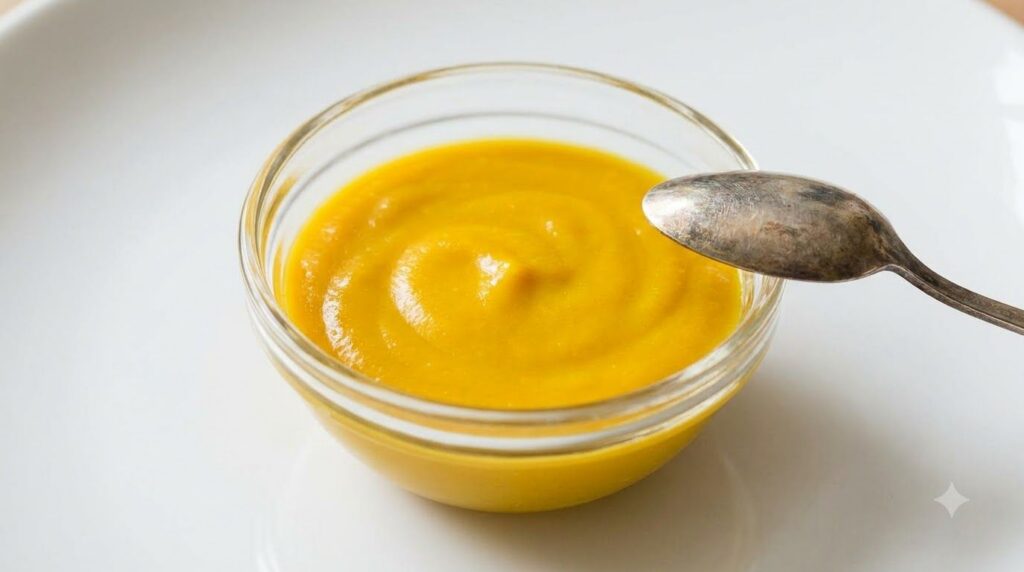 A small glass bowl containing a yellow paste made from Vaseline and turmeric with a small spoon for mixing The backgroun