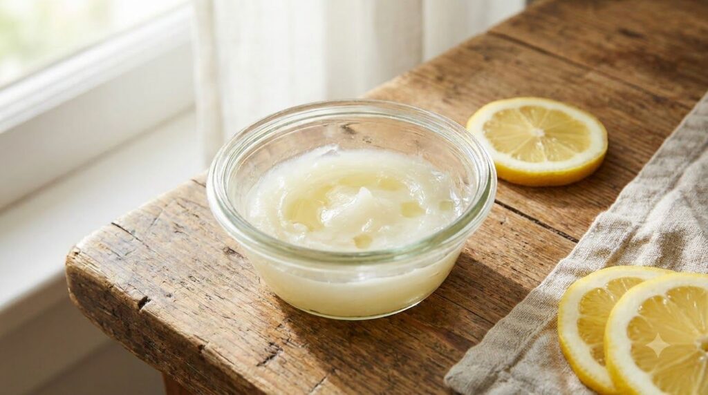 A small bowl with Vaseline and fresh lemon slices nearby highlighting the ingredients for the smoothing blend